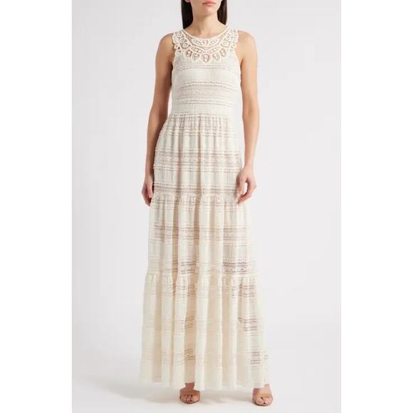 Eliza J Womens 4 V-Neck Sleeveless Maxi Dress Cream Lace Beachy Boho Modest - Picture 1 of 7